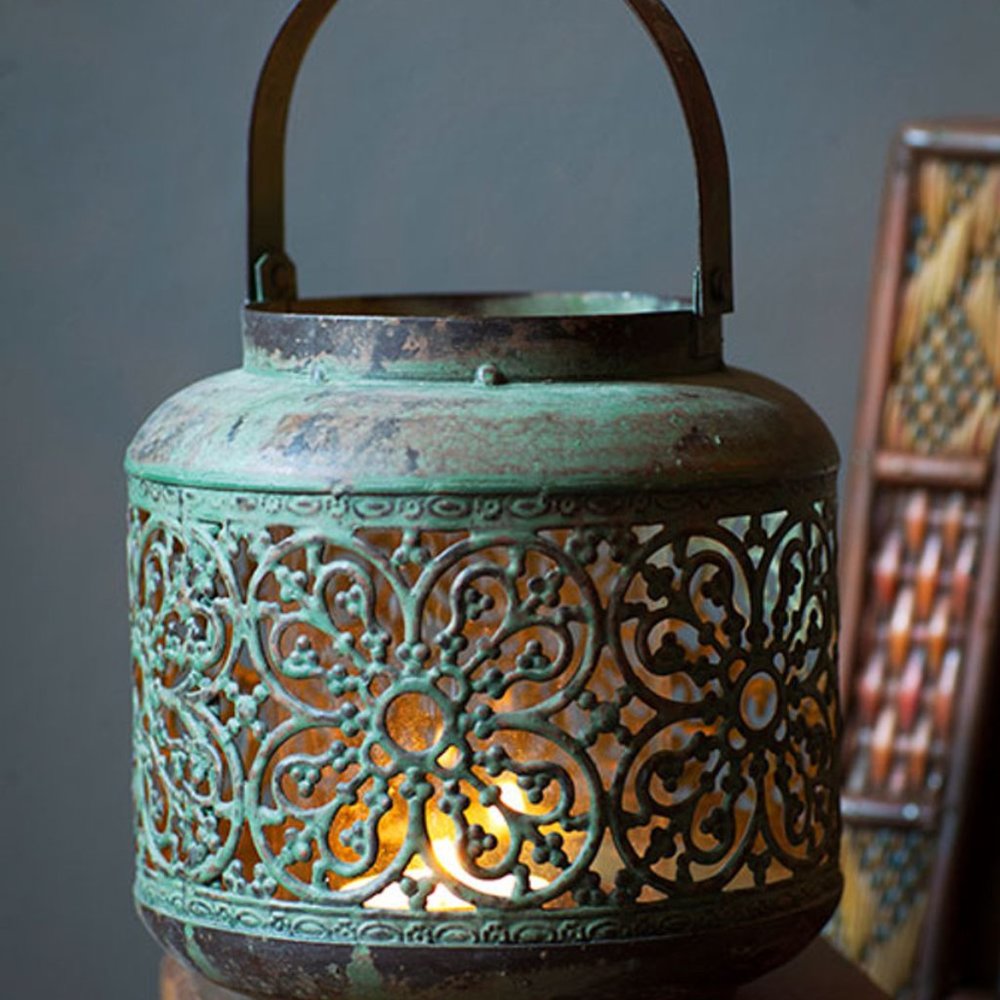 Antiqued Green Metal Lantern